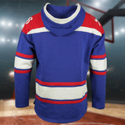 back side of the Philadelphia 76ers Vintage Hockey 47 Lacer Hoodie |  Blue, Red, White