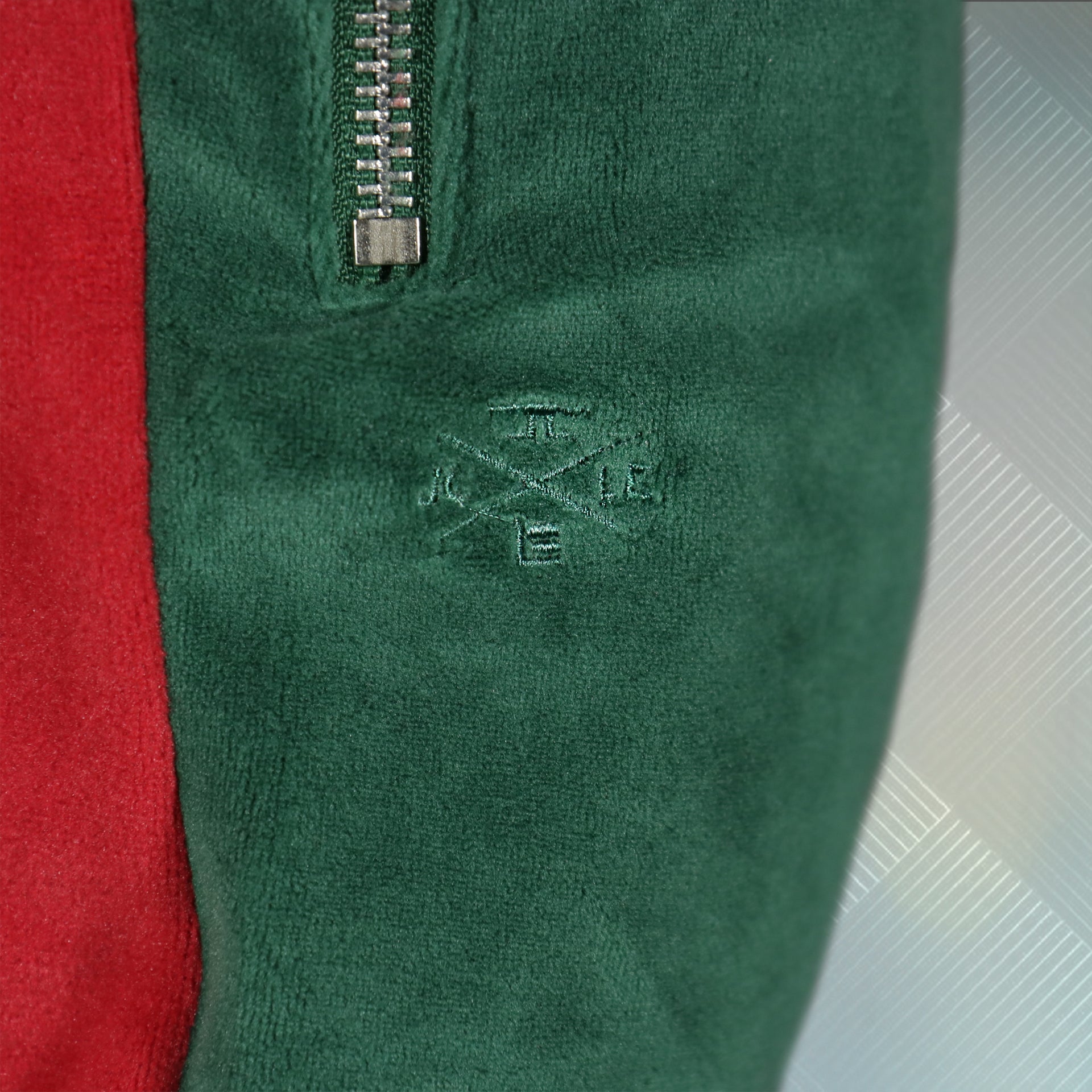 zipper pocket on the Italian Colorway Inspired Italian Fashion Green Red Stripe Snake and Bees Velour Track Pants