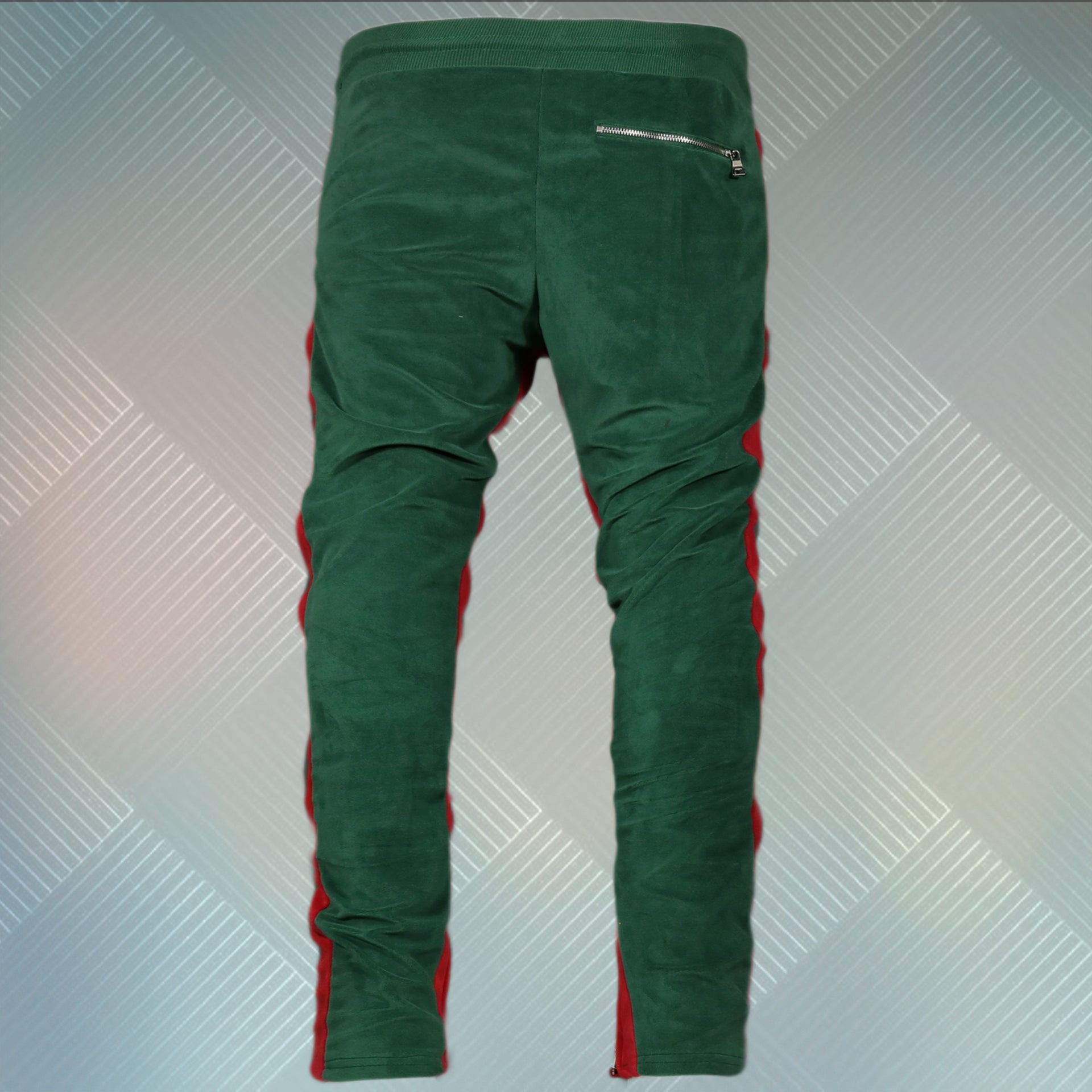 back side of the Italian Colorway Inspired Italian Fashion Green Red Stripe Snake and Bees Velour Track Pants