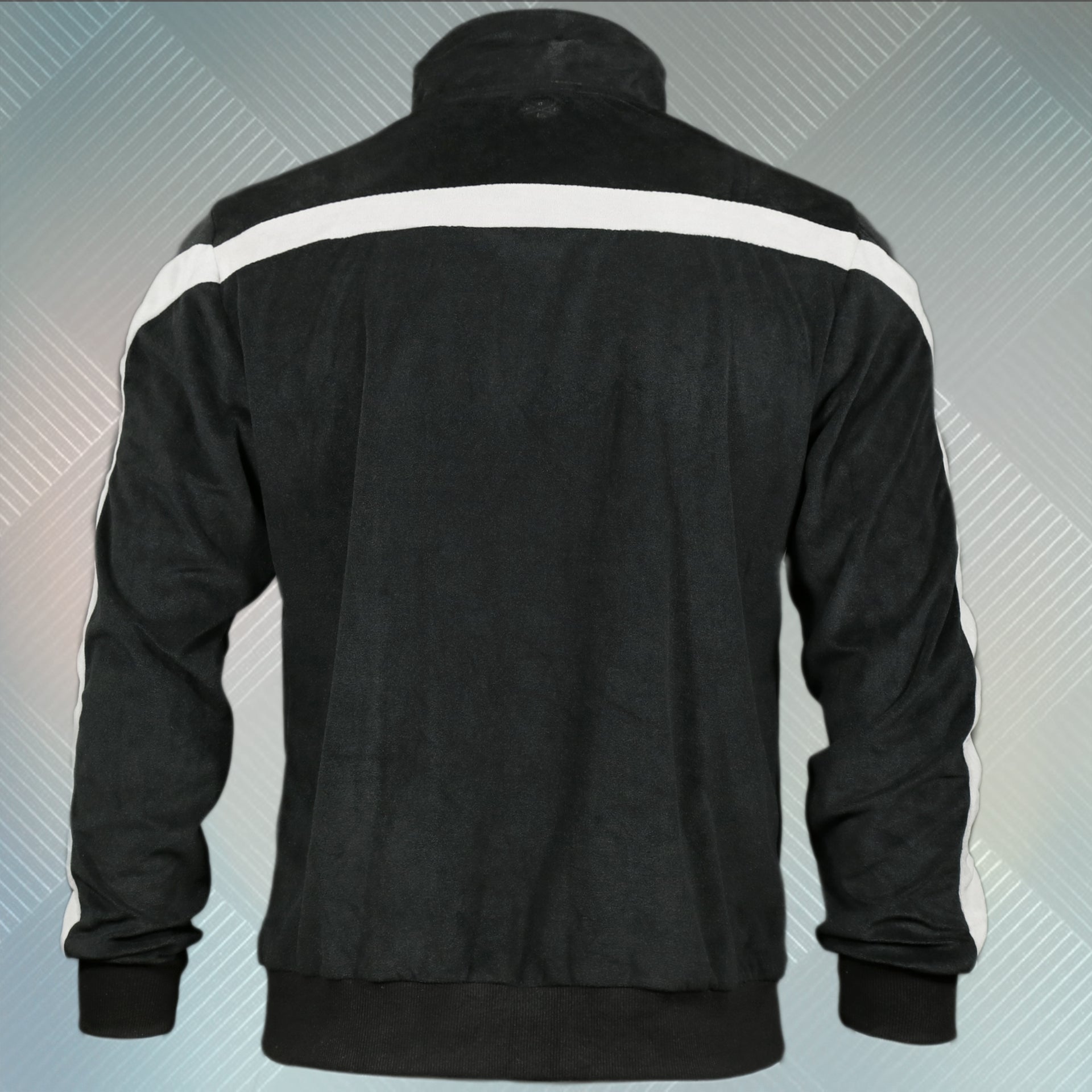 back side of the Italian Colorway Inspired Italian Fashion Black Gray Stripe Snake and Bees Velour Track Jacket