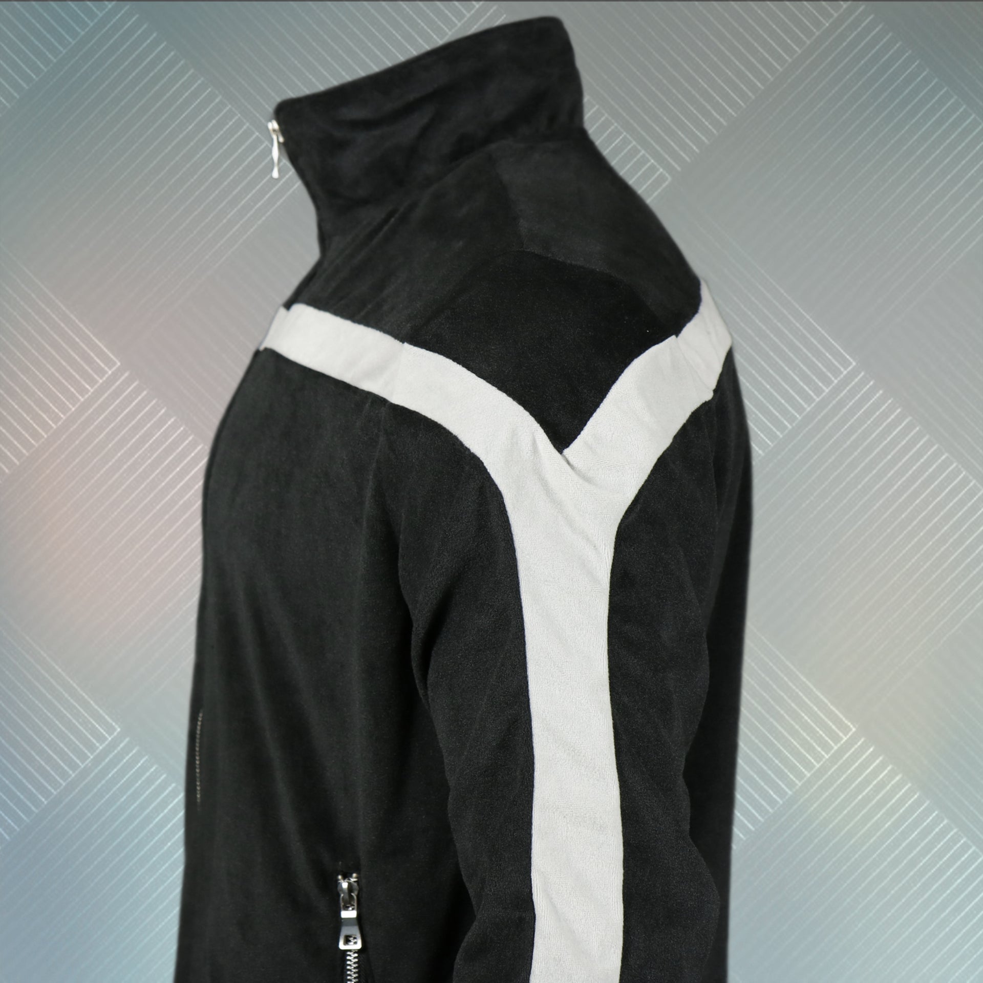 wearers left of the Italian Colorway Inspired Italian Fashion Black Gray Stripe Snake and Bees Velour Track Jacket