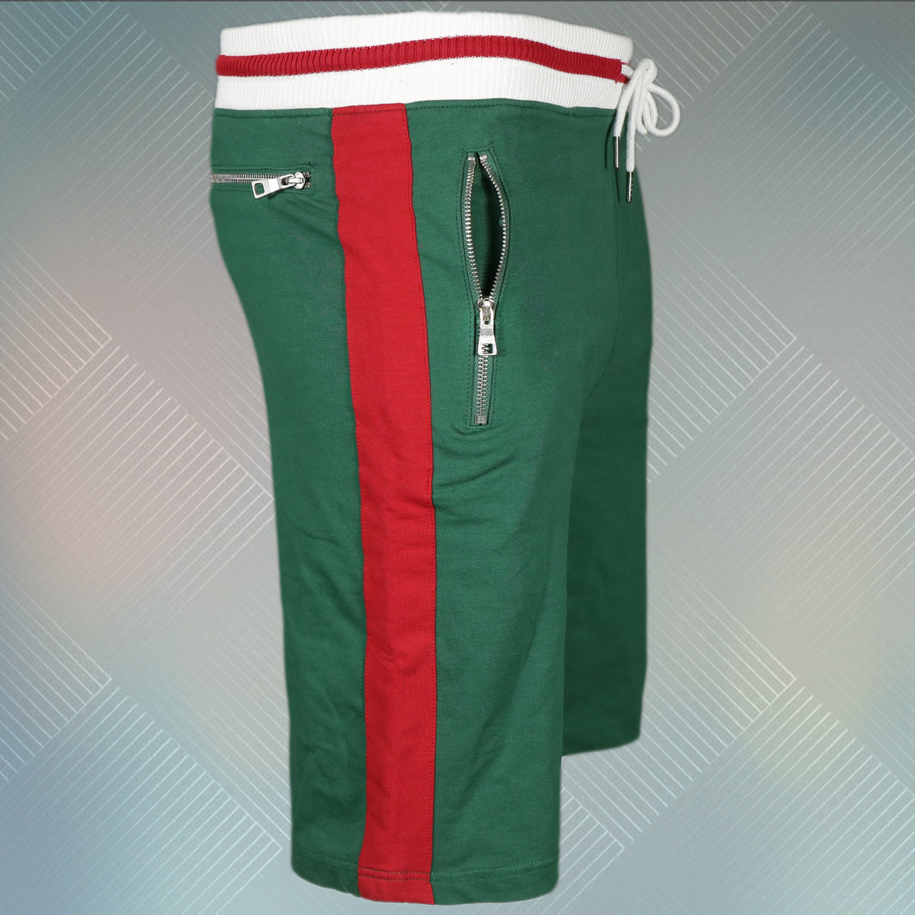 wearers right of the Jordan Craig Green Striped Track Shorts | Retro Inspired Italian Colorway Shorts with Zipper Pockets