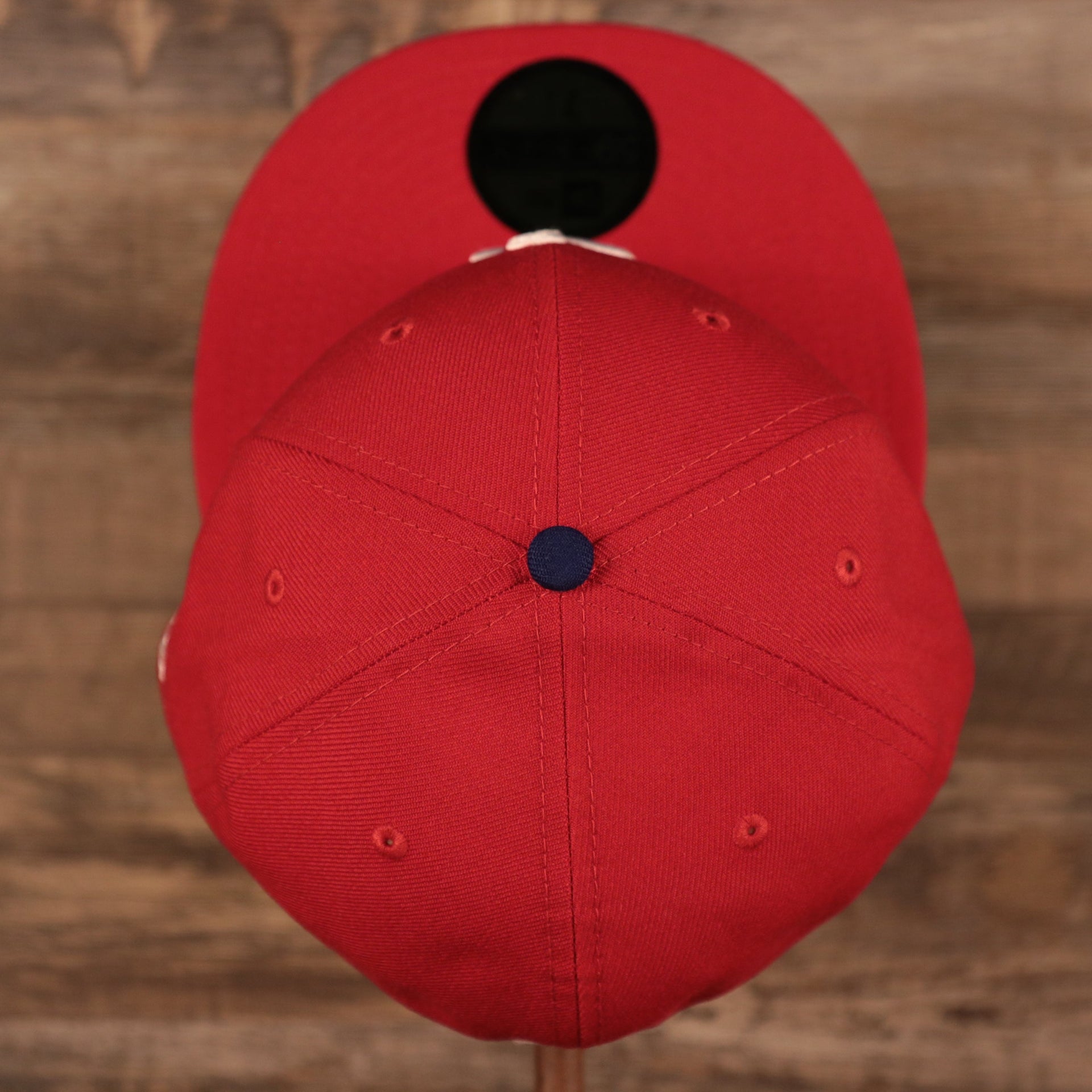 Top down view of the Philadelphia Phillies Upside Down Logo Gray Bottom 59Fifty Fitted Cap