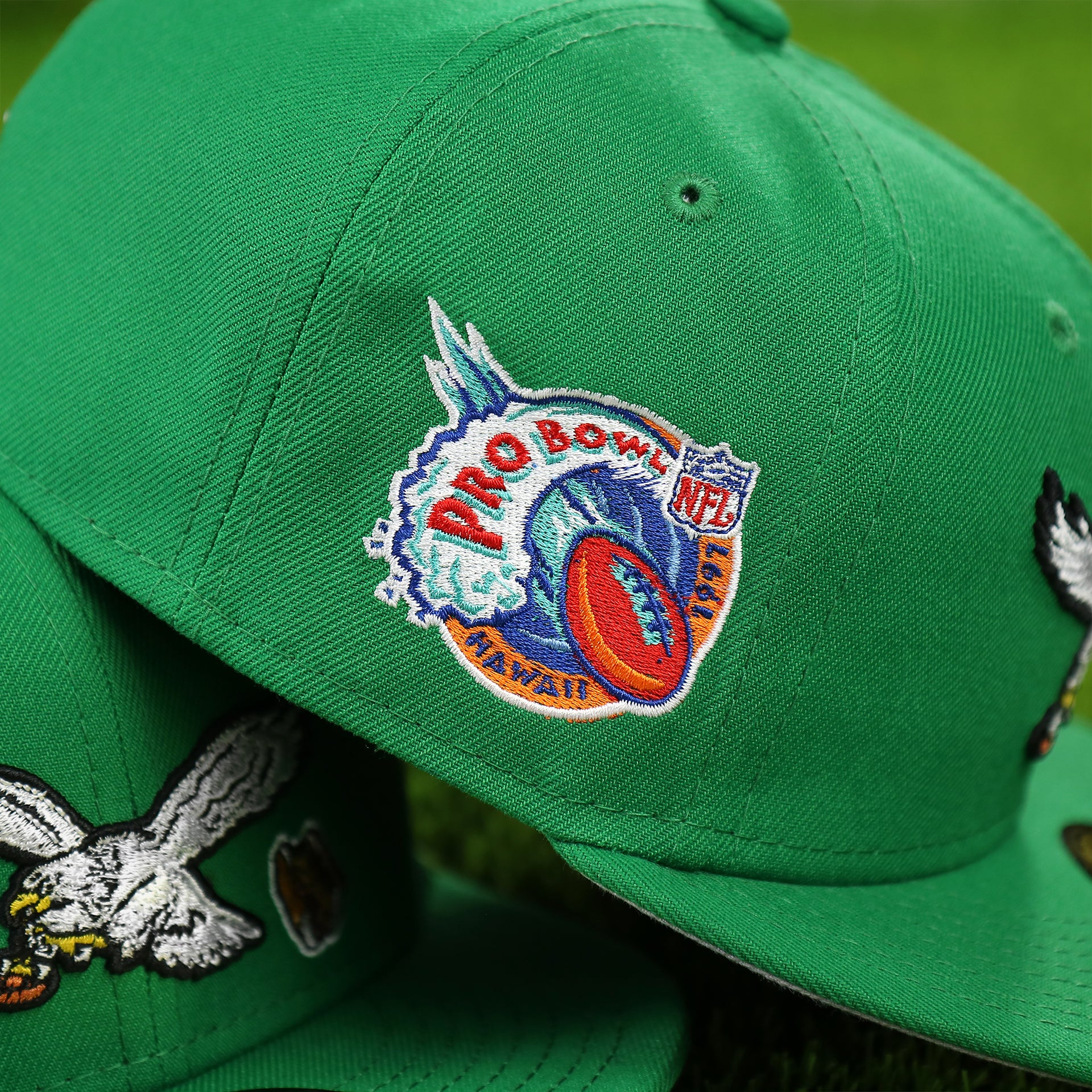 NFL pro bowl hawaii patch on the Philadelphia Eagles 1997 Pro Bowl Grey Underbrim All Over Embroidered 5950 Cap | Kelly
