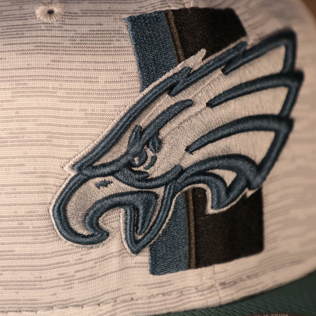 A closeup shot of the Philadelphia Eagles patch on the front of the new era training 2021 gray snapback hat.
