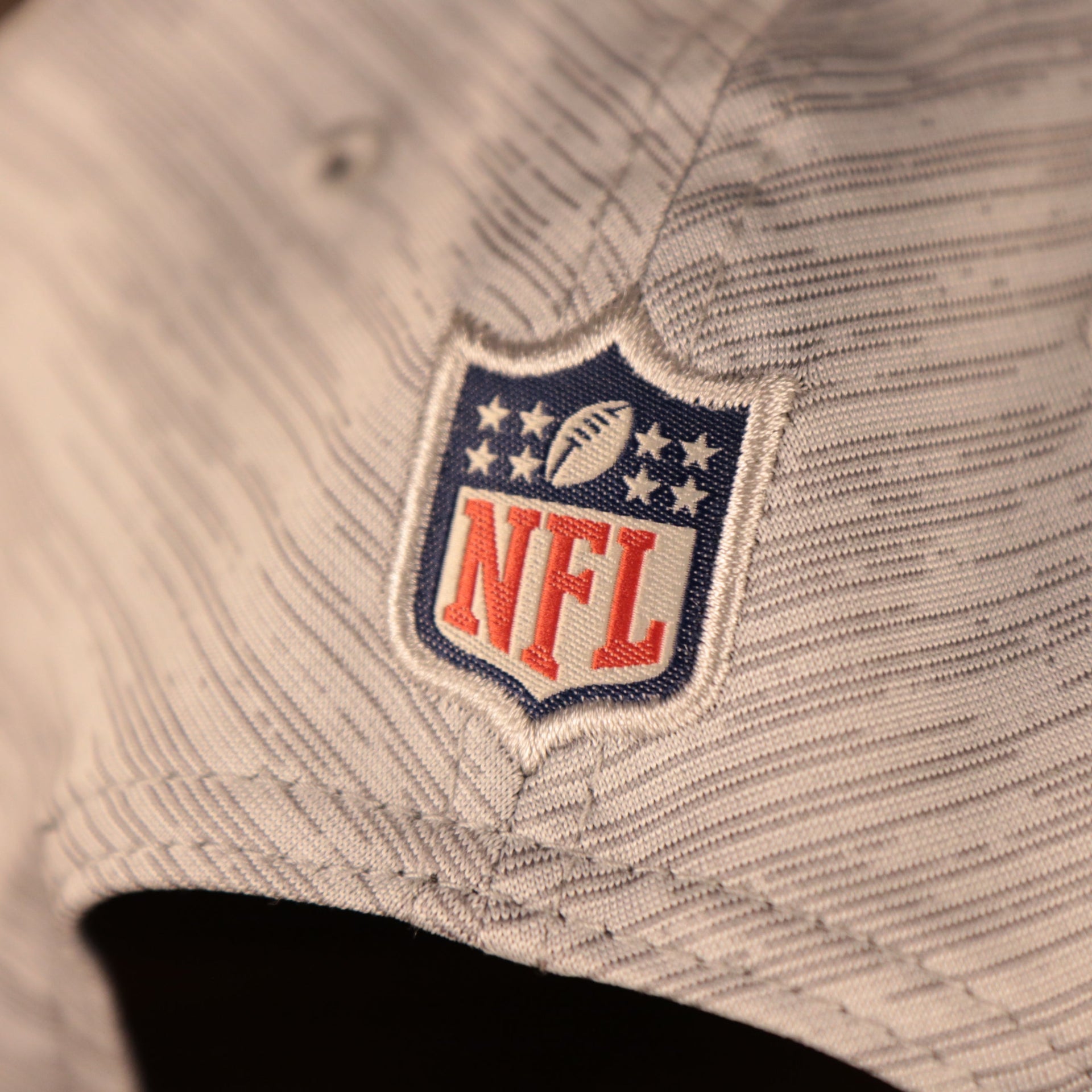 A closeup shot of the NFL patch at the back of the 2021 nfl on field snapback hat.