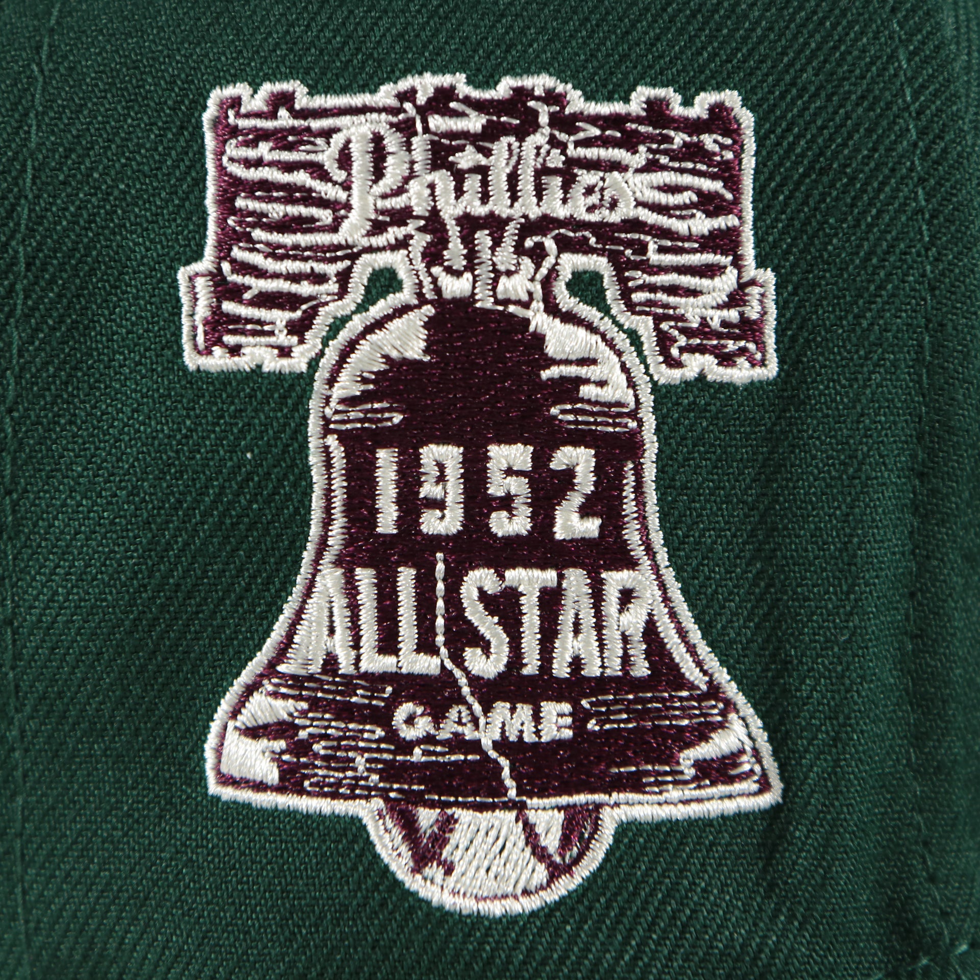 Close up of the 1952 All Star Game side patch on the Philadelphia Phillies Cooperstown 1952 All Star Game Side Patch Maroon UV 59Fifty Fitted Cap | Vintage Christmas Movie Pack