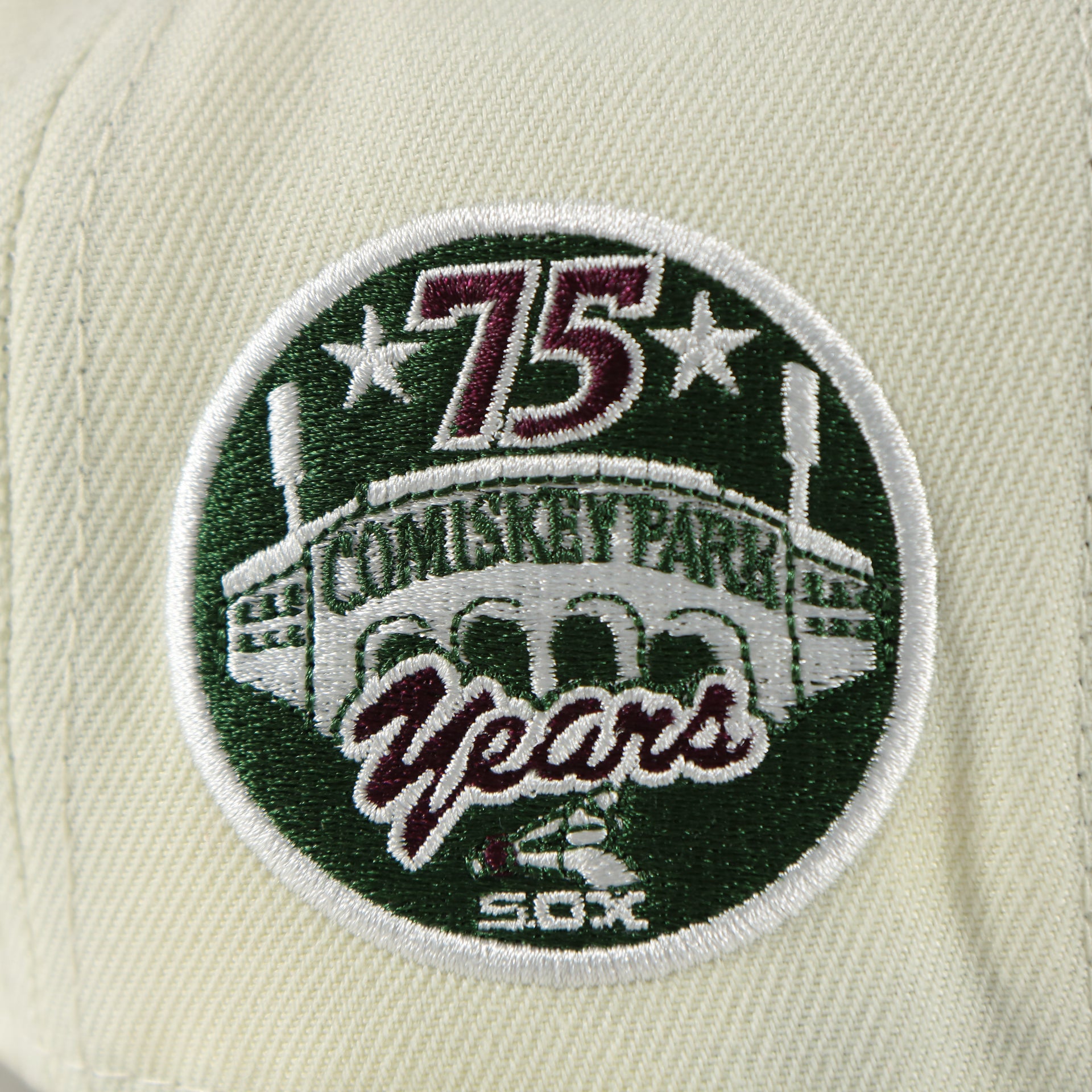 75th Anniversary Comiskey Park patch close up on the Chicago White Sox Cooperstown 75 Years Side Patch Maroon UV 59Fifty Fitted Cap | Vintage Christmas Movie Pack