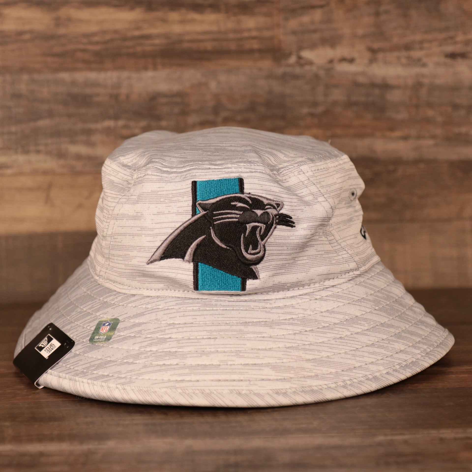 The Panthers patch on the front side of the nfl training hats gray bucket hat.