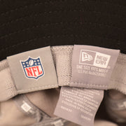 The NFL and new era tag on the inside of the gray Carolina Panthers onfield training bucket hats 2021 by New Era.