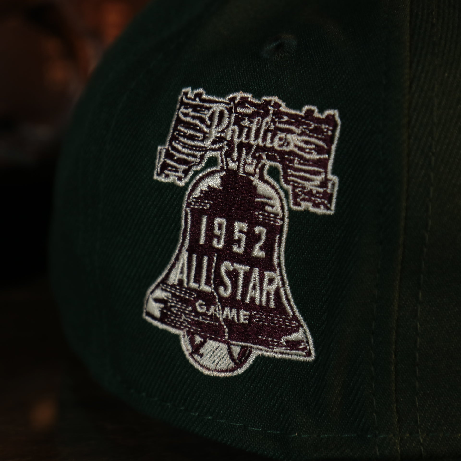 Close up of the 1952 Side Patch on the Philadelphia Phillies Cooperstown 1952 All Star Game Side Patch Maroon UV 59Fifty Fitted Cap | Vintage Christmas Movie Pack