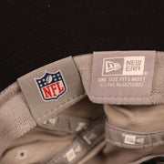 The NFL and new era tag on the inside of the gray Green Bay Packers 2021 nfl training bucket hat by New Era.
