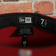 labels on the inside of the scarlet knights logo on the backside of the Rutgers Scarlet Knights Red Underbrim 59Fifty Fitted Cap | Red Fitted Cap