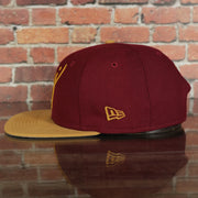 wearers left side of the New Jersey "NJ" Hat | New Jersey Garden State 9Fifty Gray Bottom Snapback Hat | Maroon / Gold *DISCOLORED