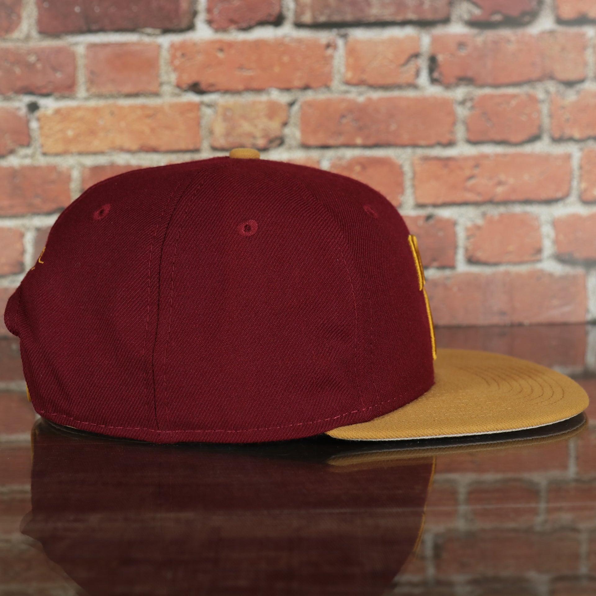 wearers right side of the New Jersey "NJ" Hat | New Jersey Garden State 9Fifty Gray Bottom Snapback Hat | Maroon / Gold *DISCOLORED