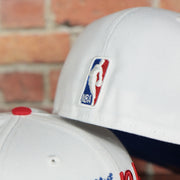 NBA log on the back side of the Philadelphia 76ers 2022 City Edition City Of Brotherly Love Blue Bottom 59Fifty Side Patch Fitted Cap | New Era, White