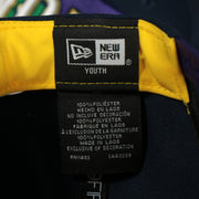 youth tag on the inside of the New Orleans Pelicans 2022 City Edition NOLA Logo Yellow Bottom Youth 9Fifty Side Patch Snapback Cap | New Era, Navy