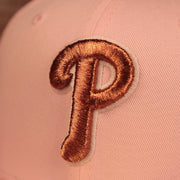 Close up of the Phillies logo on the Philadelphia Phillies Glow In The Dark 1996 All Star Game "il napoletano" Sky Blue Bottom Side Patch 59Fifty Fitted Cap