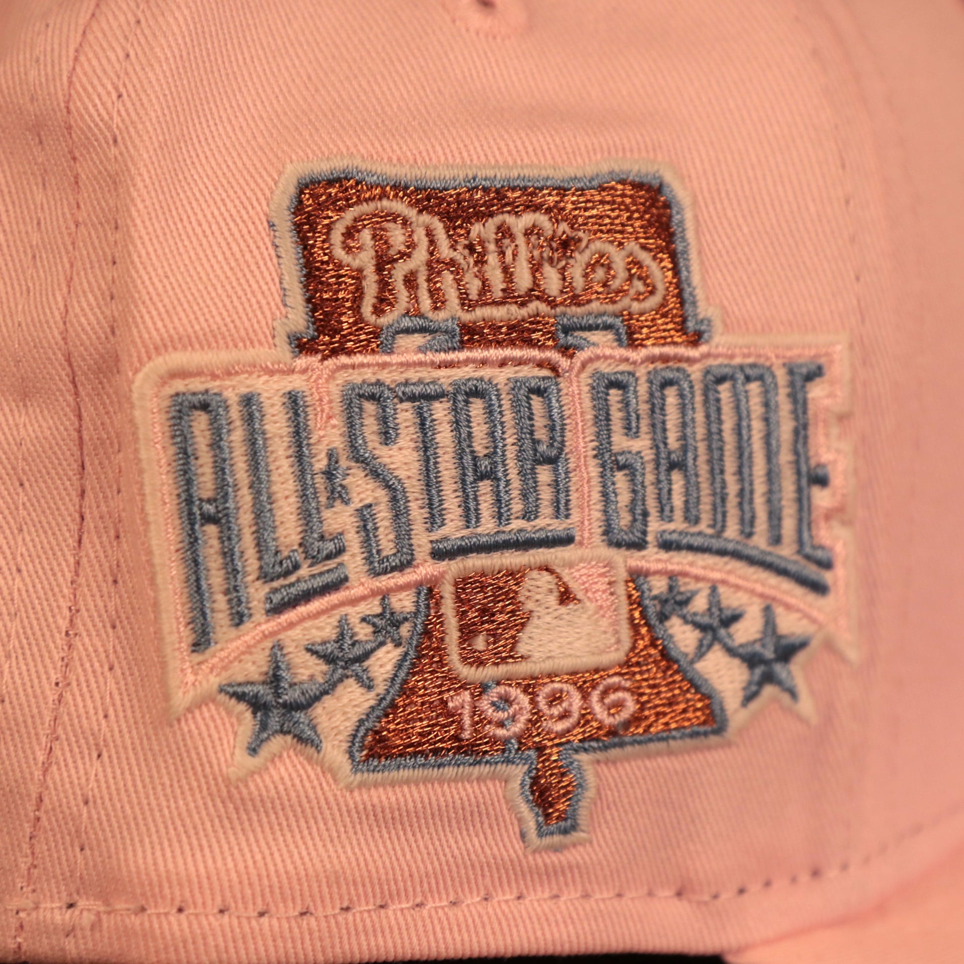 Close up of the 1996 All Star Game side patch on the Philadelphia Phillies Glow In The Dark 1996 All Star Game "il napoletano" Sky Blue Bottom Side Patch 59Fifty Fitted Cap
