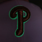 Close up of the glow in the dark phillies logo on the Philadelphia Phillies Glow In The Dark 1996 All Star Game "il napoletano" Sky Blue Bottom Side Patch 59Fifty Fitted Cap