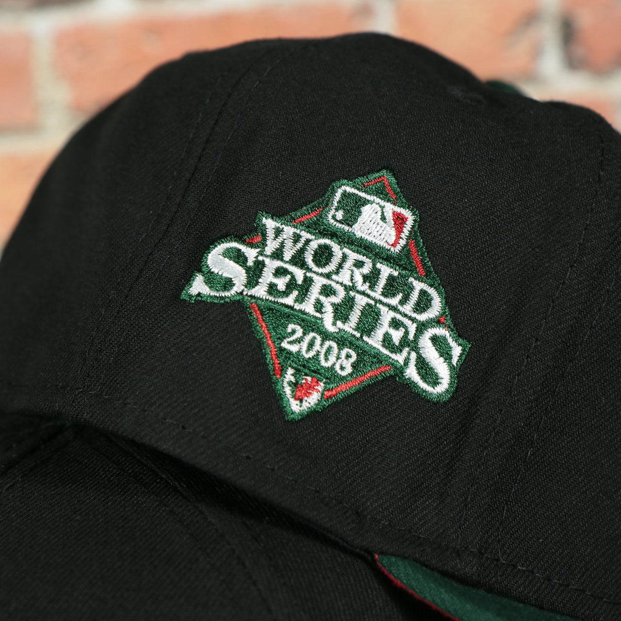 Close up on the 2008 World Series Side Patch of the Philadelphia Phillies 2008 World Series Side Patch Red Bottom 5950 Fitted Cap | Italian Luxury