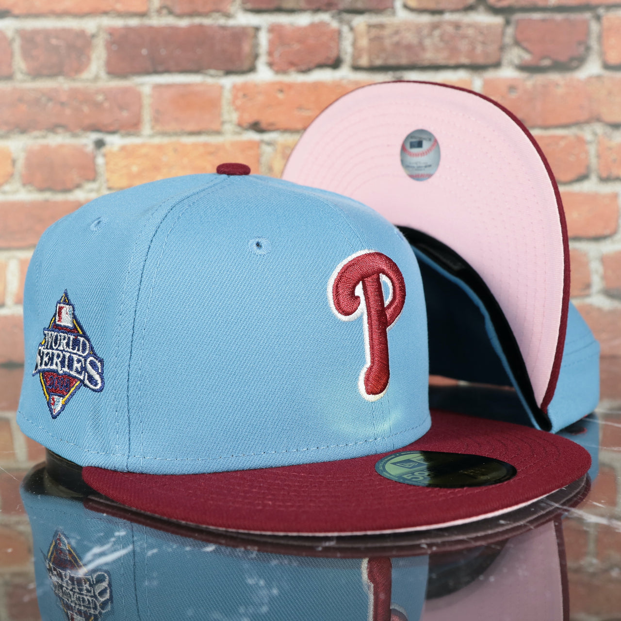 Philadelphia Phillies 2008 World Series Side Patch Cooperstown Pink Bottom 59Fifty Fitted Cap | Sky Blue