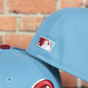 Flat batterman logo on the back of the Philadelphia Phillies 2008 World Series Side Patch Cooperstown Pink Bottom 59Fifty Fitted Cap | Sky Blue