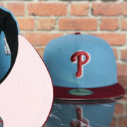 Pink under visor on the Philadelphia Phillies 2008 World Series Side Patch Cooperstown Pink Bottom 59Fifty Fitted Cap | Sky Blue