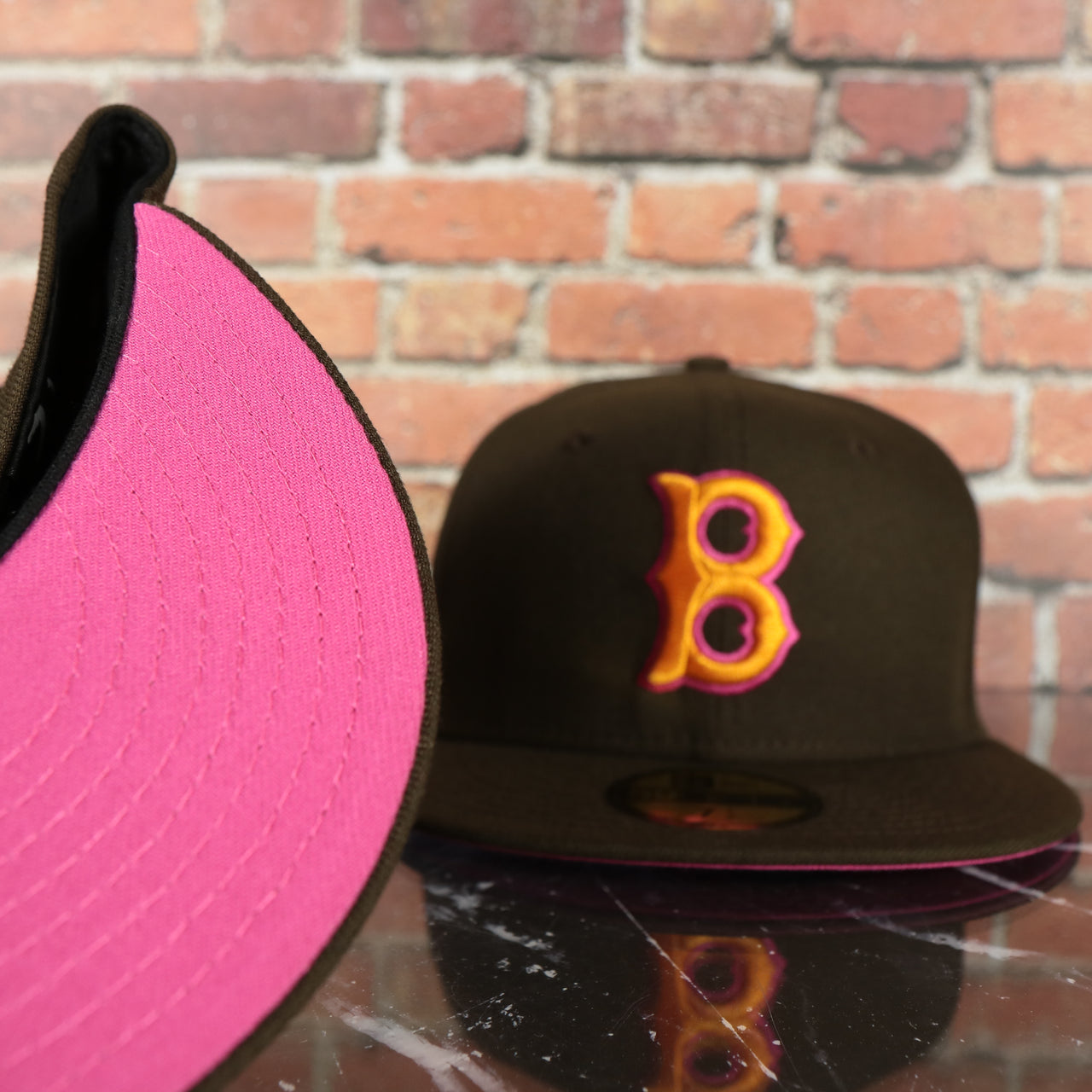 pink under visor on the Cooperstown Boston Red Sox Coffee Shop 1946 All Star Game Fenway Park Side Patch 59Fifty Fitted Cap | Donut Pack Walnut 59Fifty