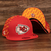 front and bottom of the Kansas City Chiefs x Gatorade Red 9Fifty Yellow Bottom Snapback