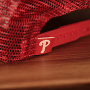 Close up on tag of the Philadelphia Phillies Mesh Back 940 9Forty Trucker Dad Hat