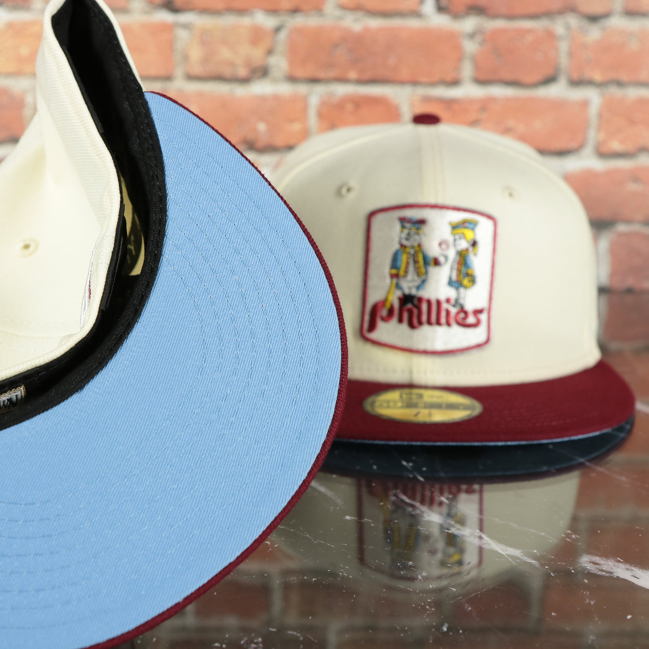 sky blue under visor on the Phil and Phyllis Quakers Cooperstown World Champions Retro Philadelphia Phillies 59Fifty Fitted Cap | New Era Off White 59Fifty