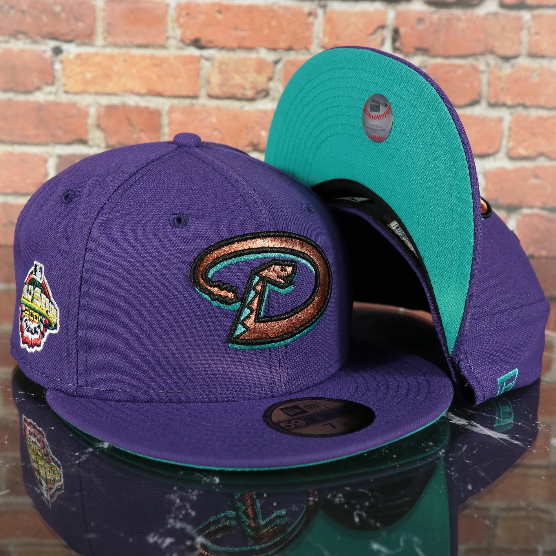 2001 World Series Arizona Diamondbacks Cooperstown Grape 5 Side Patch Fitted | Purple 59Fifty Teal Bottom Fitted Cap
