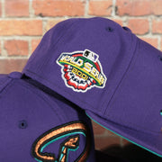 2001 world series patch on the 2001 World Series Arizona Diamondbacks Cooperstown Grape 5 Side Patch Fitted | Purple 59Fifty Teal Bottom Fitted Cap