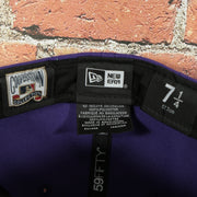 new era label on the 2001 World Series Arizona Diamondbacks Cooperstown Grape 5 Side Patch Fitted | Purple 59Fifty Teal Bottom Fitted Cap
