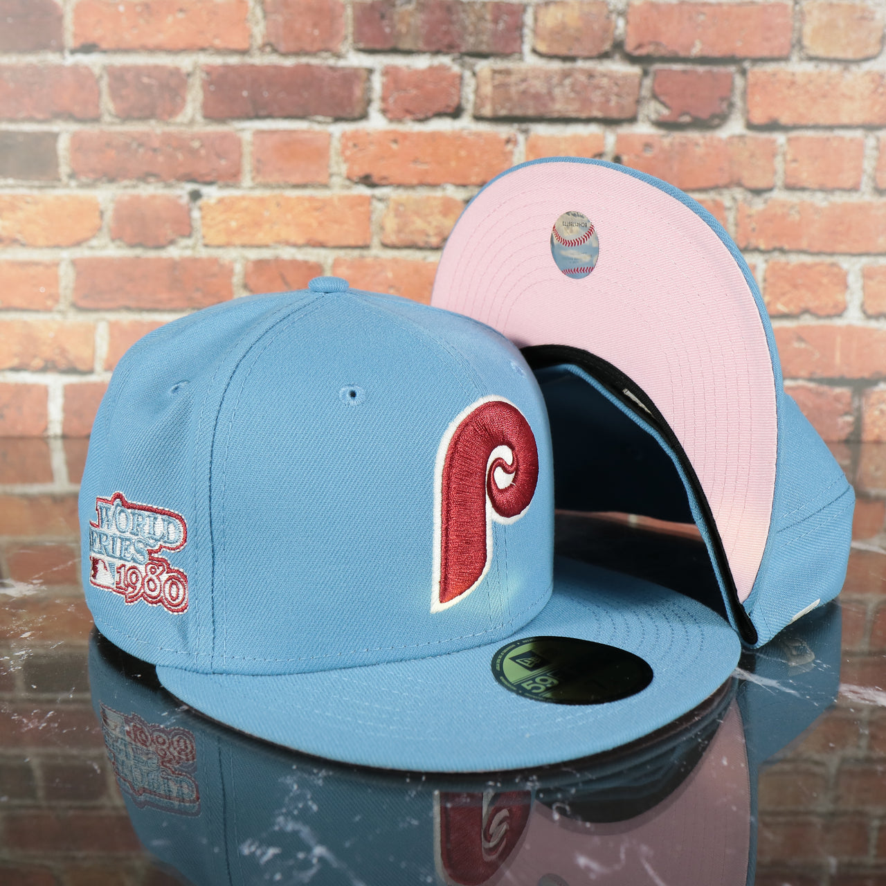 Philadelphia Phillies 1980 World Series Glow In The Dark Pink Brim 59fifty Fitted Cap | Sky Blue