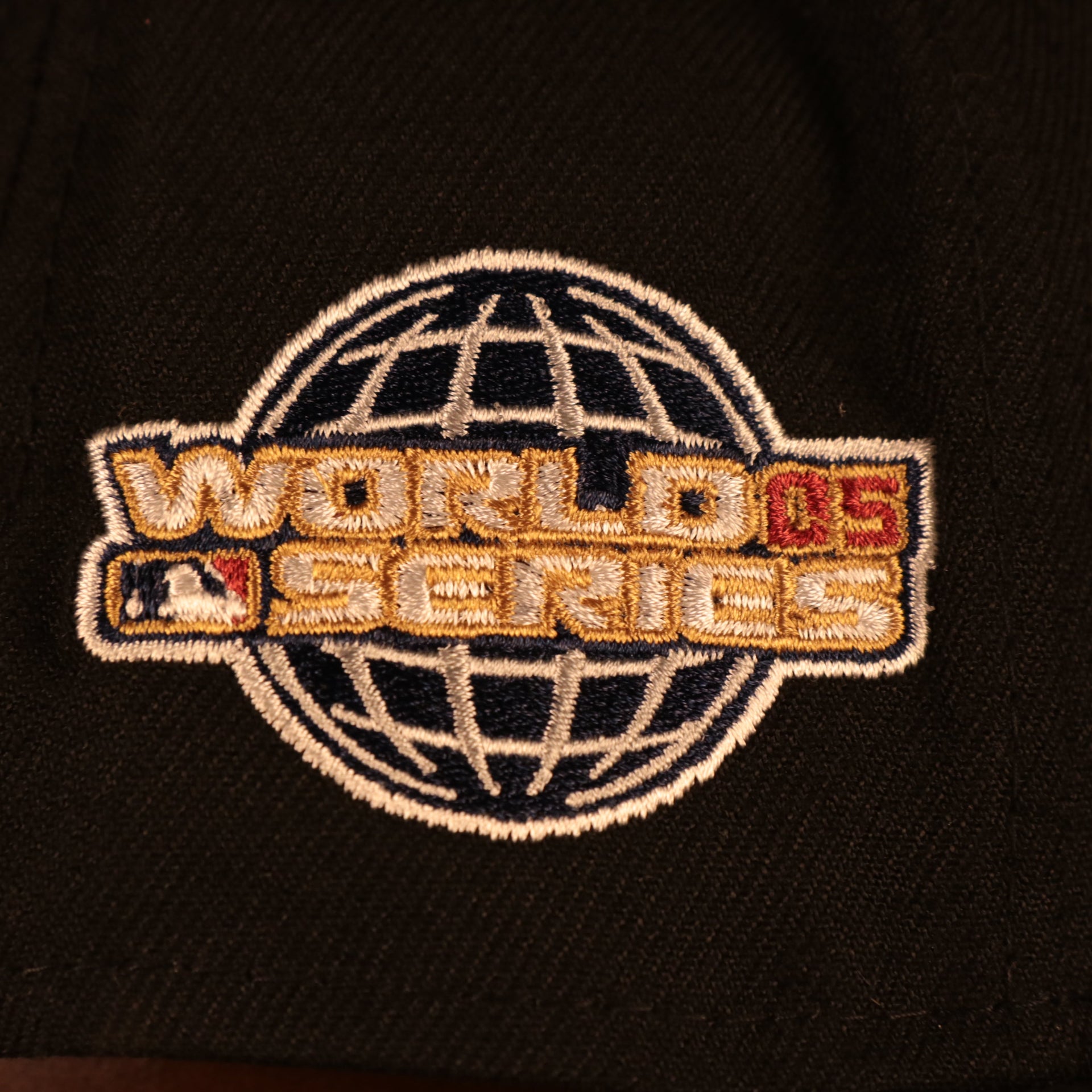 Close up of the 2005 World Series side patch on the Chicago White Sox "Pride Patch" All Over Gray Bottom Side Patch 59Fifty Fitted Cap