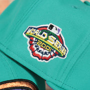 2001 world series patch on the Arizona Diamondbacks 2001 World Series Purple Bottom 59fifty Fitted Cap | Teal