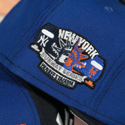 subway series patch on the New York Yankees x Mets Split Crown Grey Bottom 59fifty Side Patch Fitted | Navy/Royal Blue Yankees x Mets 5950 Cap