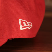 Close up of the New Era flag logo on the Philadelphia 76ers Phila Script Side Patch 940 9Forty Dad Hat
