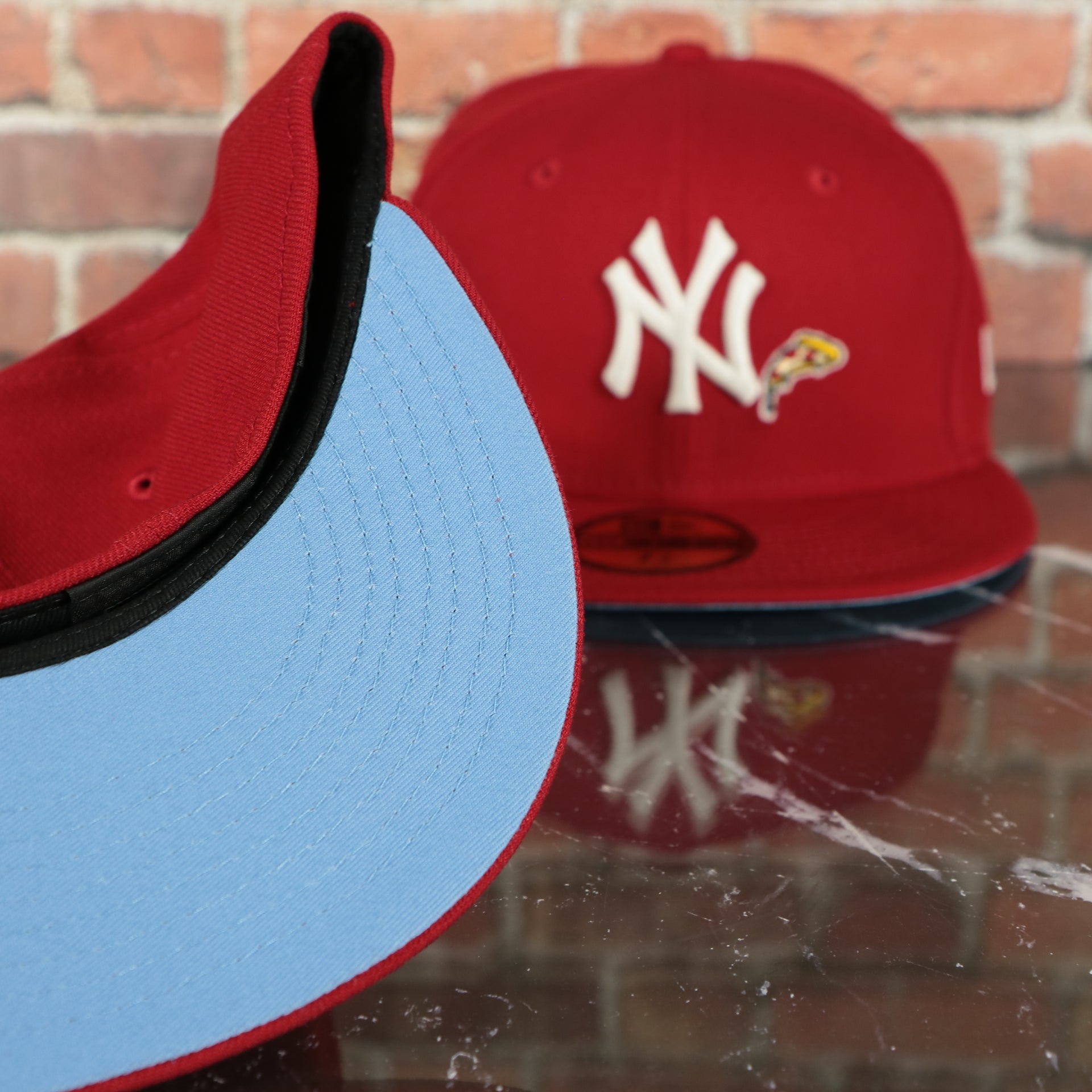 sky blue under visor on the New York Yankees 1996 World Series Side Patch Icy Blue Bottom 5950 Fitted Cap | Pizza Slice
