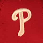 Close up of the current Phillies logo on the Philadelphia Phillies "Patch Pride" All Over Gray Bottom Side Patch 59Fifty Fitted Cap