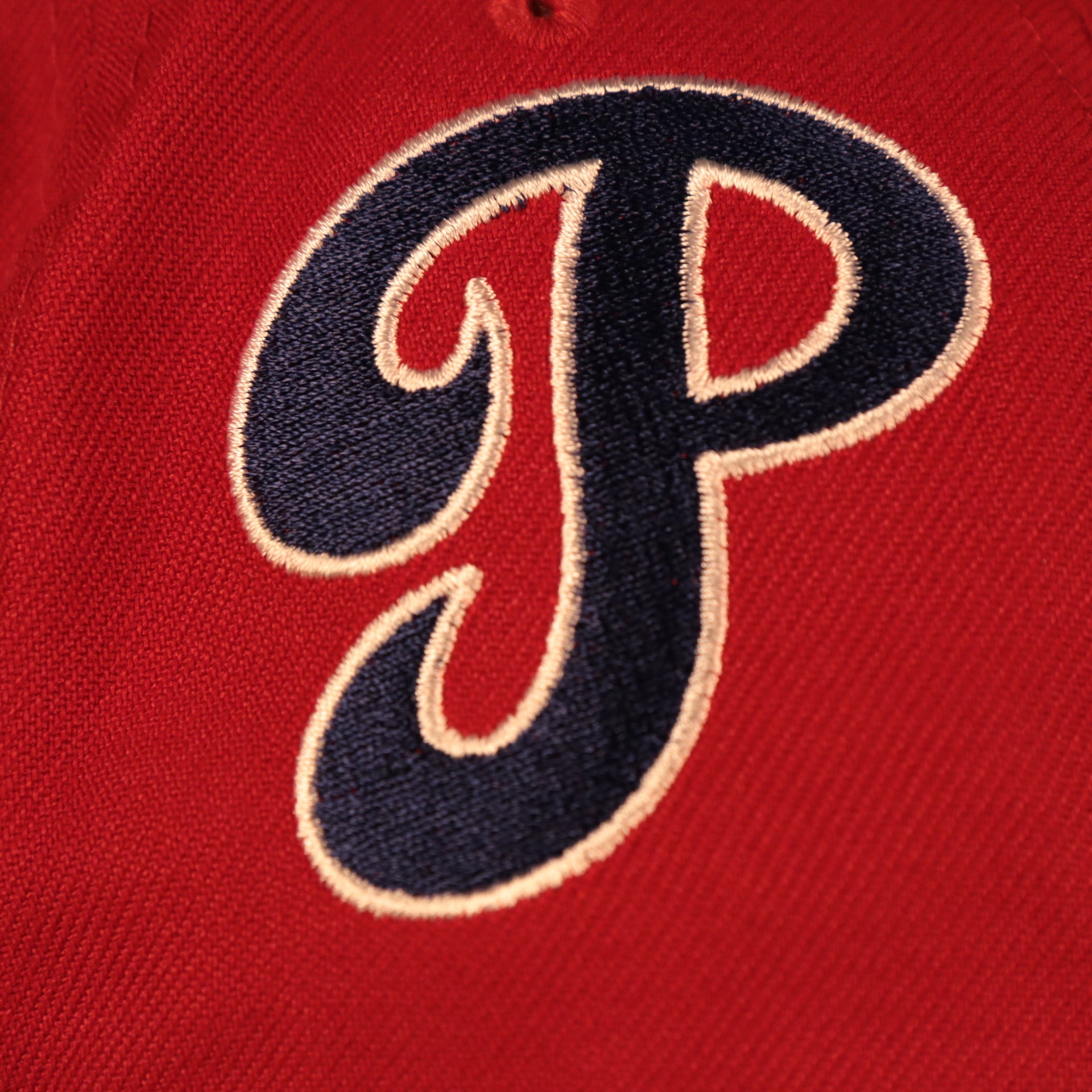Close up of the throwback 1950s Phillies logo on the Philadelphia Phillies "Patch Pride" All Over Gray Bottom Side Patch 59Fifty Fitted Cap