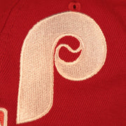 Close up of the 1970s throwback Cooperstown Philadelphia Phillies logo on the Philadelphia Phillies "Patch Pride" All Over Gray Bottom Side Patch 59Fifty Fitted Cap