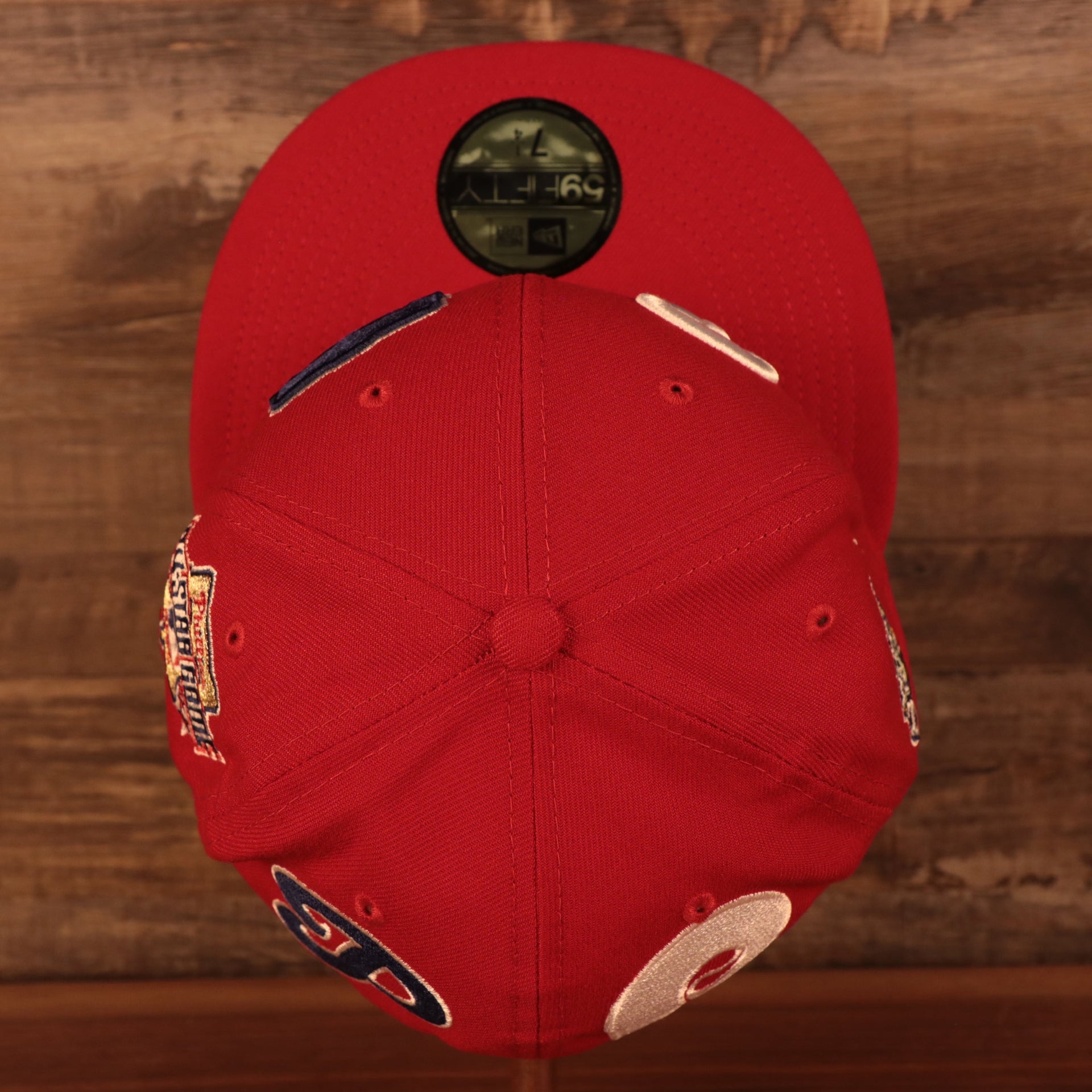 Top down view of the Philadelphia Phillies "Patch Pride" All Over Gray Bottom Side Patch 59Fifty Fitted Cap