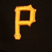 Close up of the Pirates logo on the Pittsburgh Pirates "Patch Pride" All Over Gray Bottom Side Patch 59Fifty Fitted Cap