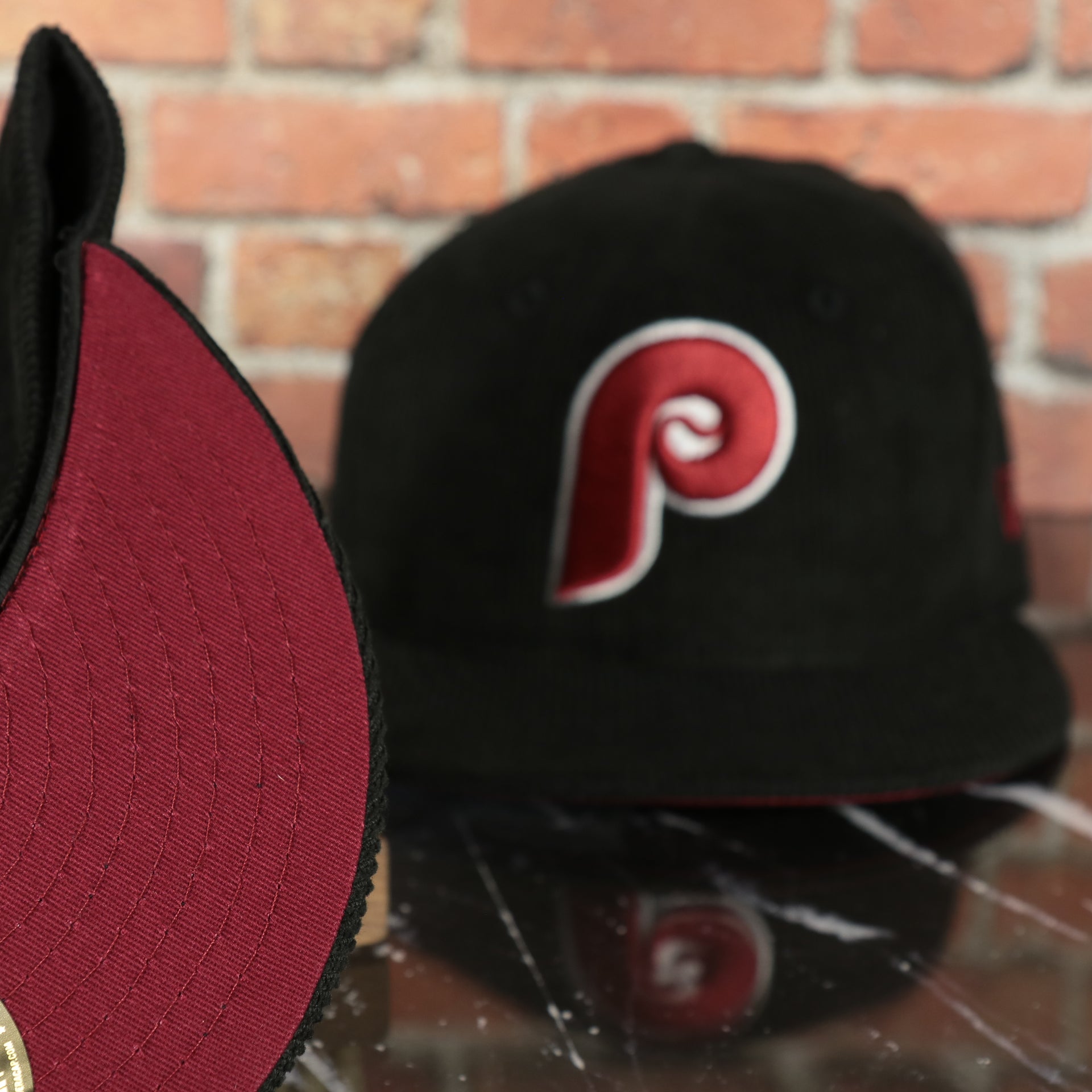 maroon under visor on the Philadelphia Phillies Cooperstown World Champions Side Patch Black Maroon Bottom Corduroy 59Fifty Fitted Cap | Corduroy Fitted Pack