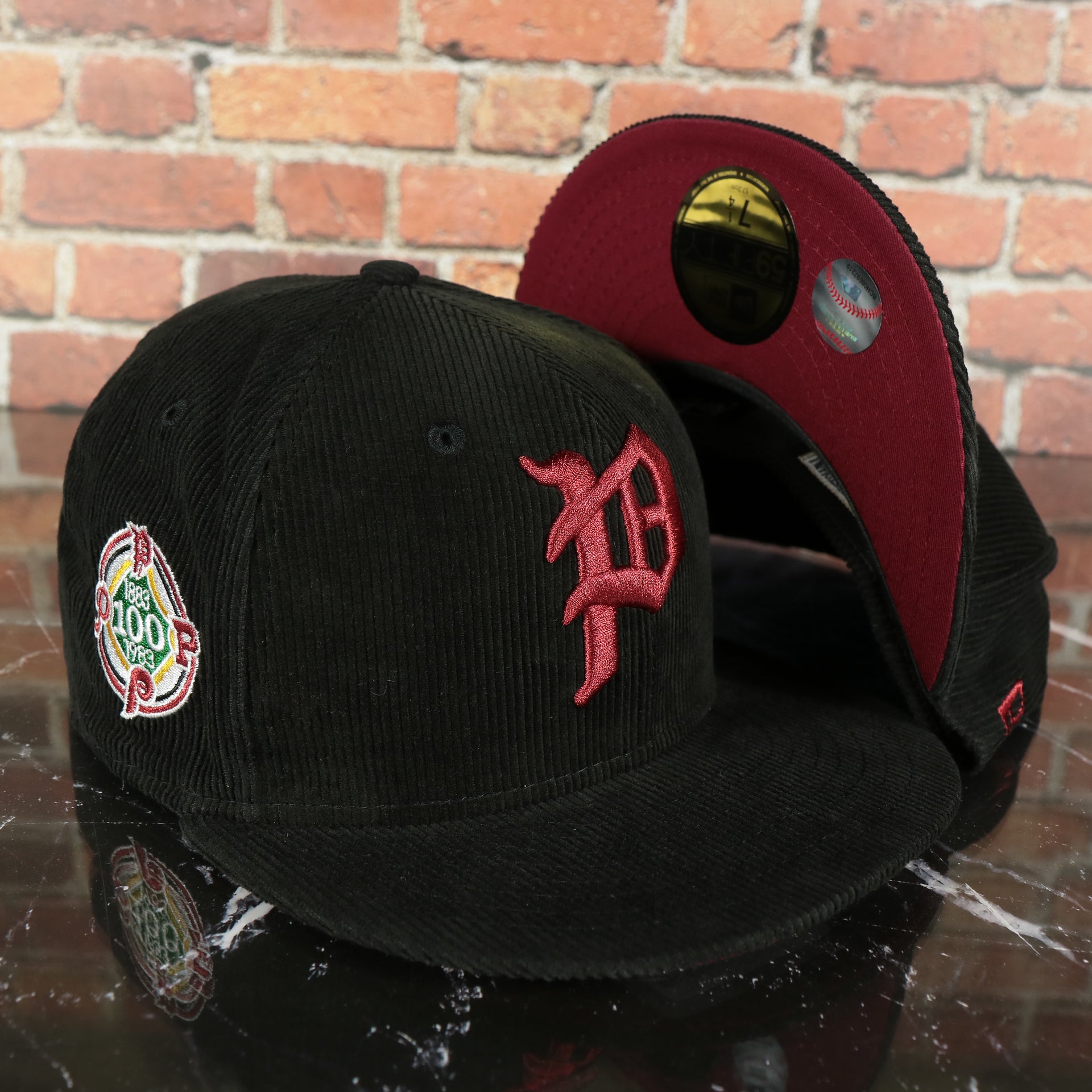 Philadelphia Phillies Cooperstown 100th Anniversary Side Patch Black Corduroy Maroon Bottom 59Fifty Fitted Cap | Corduroy Fitted Pack