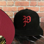 maroon under visor on the Philadelphia Phillies Cooperstown 100th Anniversary Side Patch Black Corduroy Maroon Bottom 59Fifty Fitted Cap | Corduroy Fitted Pack