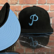 sky blue under visor on the Philadelphia Phillies Cooperstown 1952 All Star Game Side Patch Black Corduroy Powder Blue Bottom 59Fifty Fitted Cap | Corduroy Fitted Pack